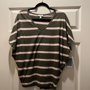 Susina off the shoulder olive green and beige strip shirt.